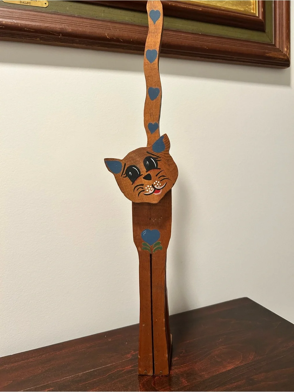 Vintage Hand Painted Wooden Cat Toilet Paper Holder Scrunchie Ribbon Stand